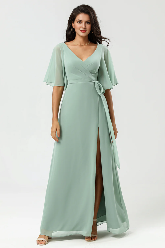 A-link V-neck long chiffon matcha slit bridesmaid dress