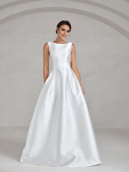 Elegant and minimalist backless satin and floor length wedding dress