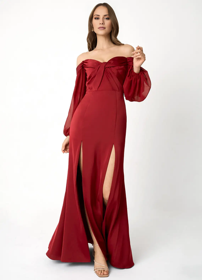 Off shoulder collar transparent bubble sleeves side slits and floor length evening gowns