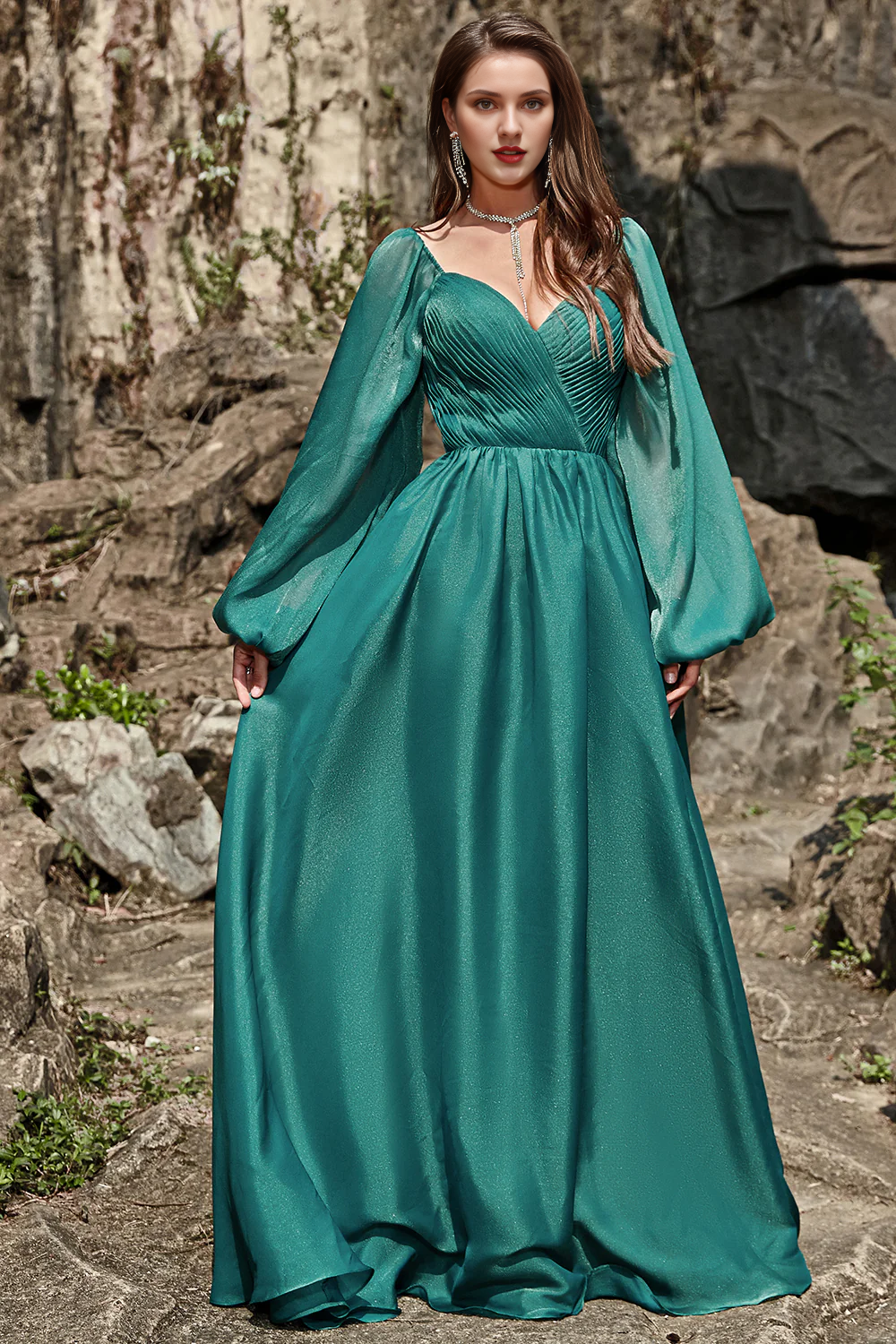 Green ruffled A-line off shoulder long sleeved bridesmaid dress