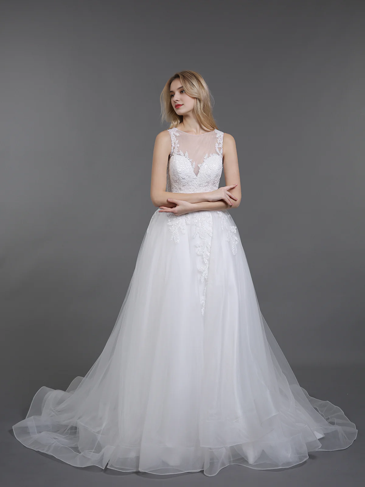 Illusion collar lace chiffon wedding dress