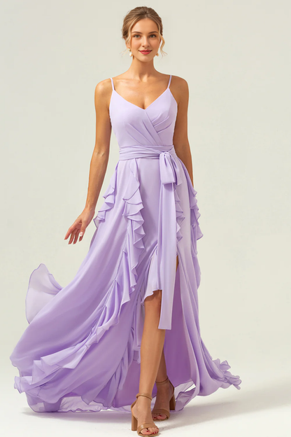 Lilac purple A-line slim shoulder chiffon long slit ruffled bridesmaid dress