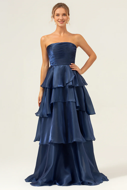 Deep Sea Army Blue A-line strapless layered pleated ruffle hem and floor length bridesmaid dress