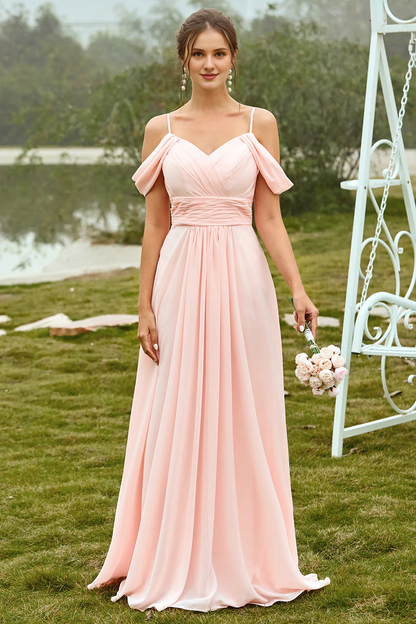 Ruffle powder blusher off shoulder long bridesmaid dress