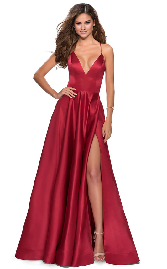 A-line deep V-neck thin shoulder strap slit and floor length evening gown