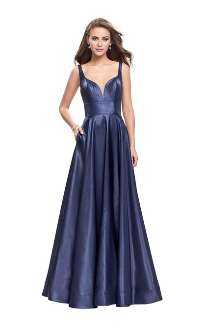 V-neck cross back satin long thin shoulder strap and floor length evening gown