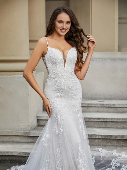 Fish tail lace church trailing wedding dress