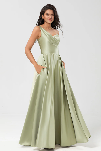 Dusty Sage A-line shoulder pleated satin bridesmaid dress