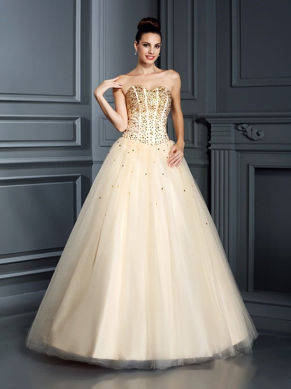 Ball Gown Sweetheart Beading Sleeveless Long Satin Quinceanera Dresses