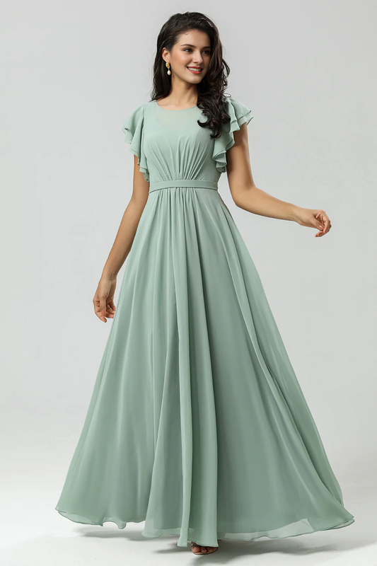 Matcha A-line round neck pleated and ground chiffon bridesmaid dress