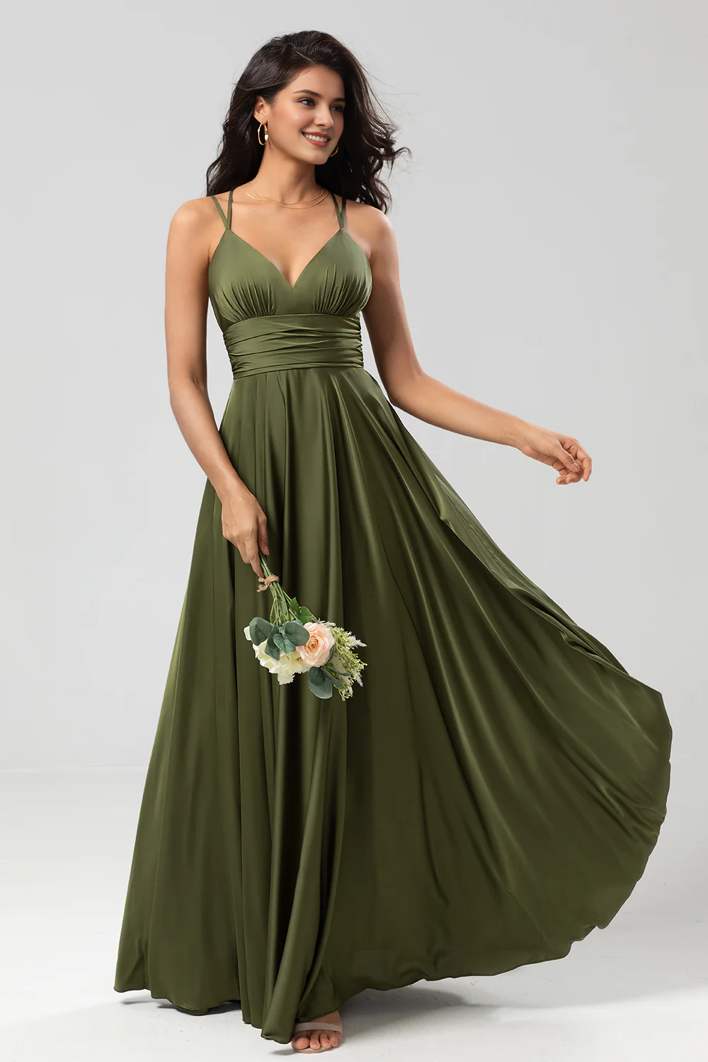 A-line thin shoulder strap and satin bridesmaid dress