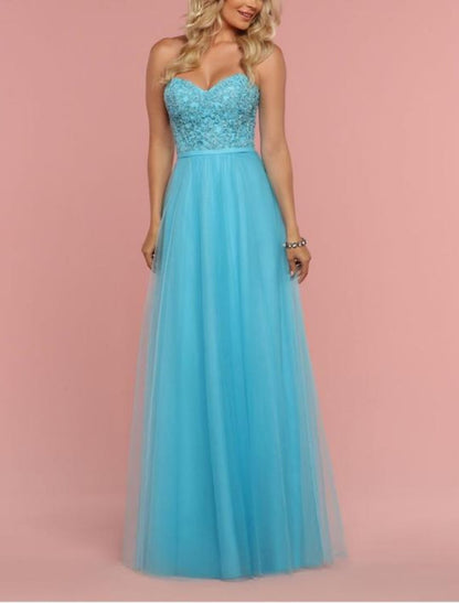 A-Line Bridesmaid Dress Bateau Neck / Straps / Sweetheart Sleeveless Blue Floor Length Lace / Shantung / Tulle with Lace / Pleats / Draping