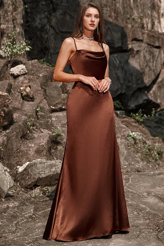 Fish tail thin shoulder strap and coffee satin bridesmaid dress