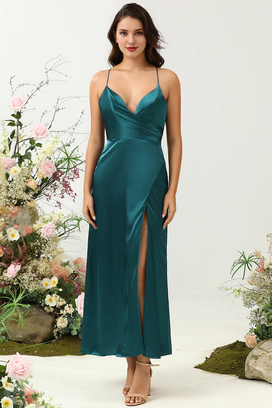 A-line thin shoulder strap dark green shiny satin backless bridesmaid dress