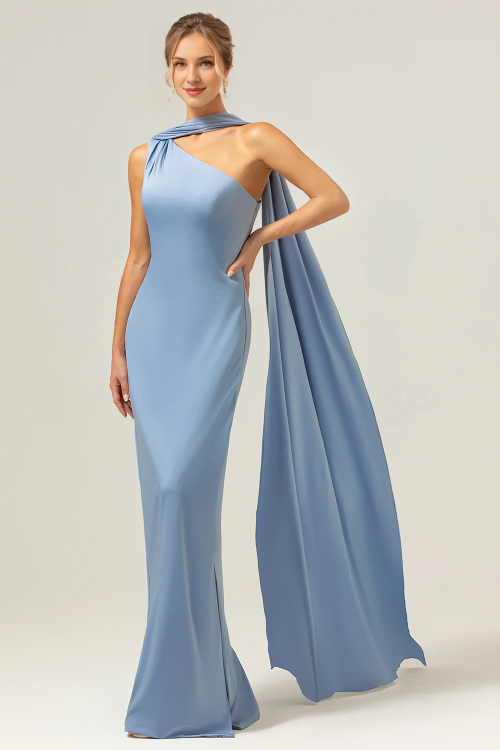 Grey blue tight one shoulder satin long bridesmaid dress