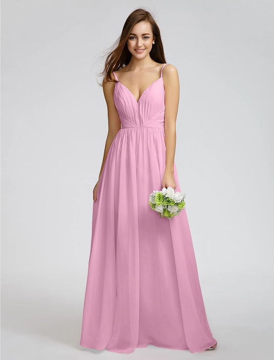 A-Line / Ball Gown Spaghetti Strap Floor Length Chiffon Bridesmaid Dress with Side Draping / Criss Cross