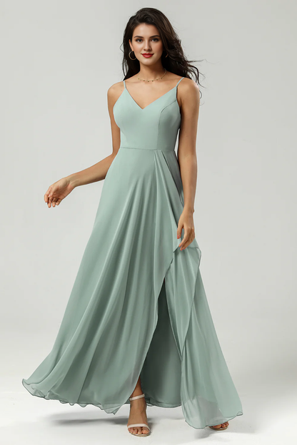 A-line slim shoulder strap V-neck and floor length slit chiffon bridesmaid dress