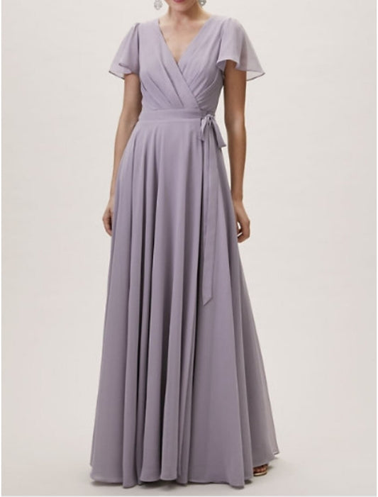 A-Line Bridesmaid Dress V Neck Short Sleeve Elegant Floor Length Chiffon / Lace with Sash / Ribbon / Pleats