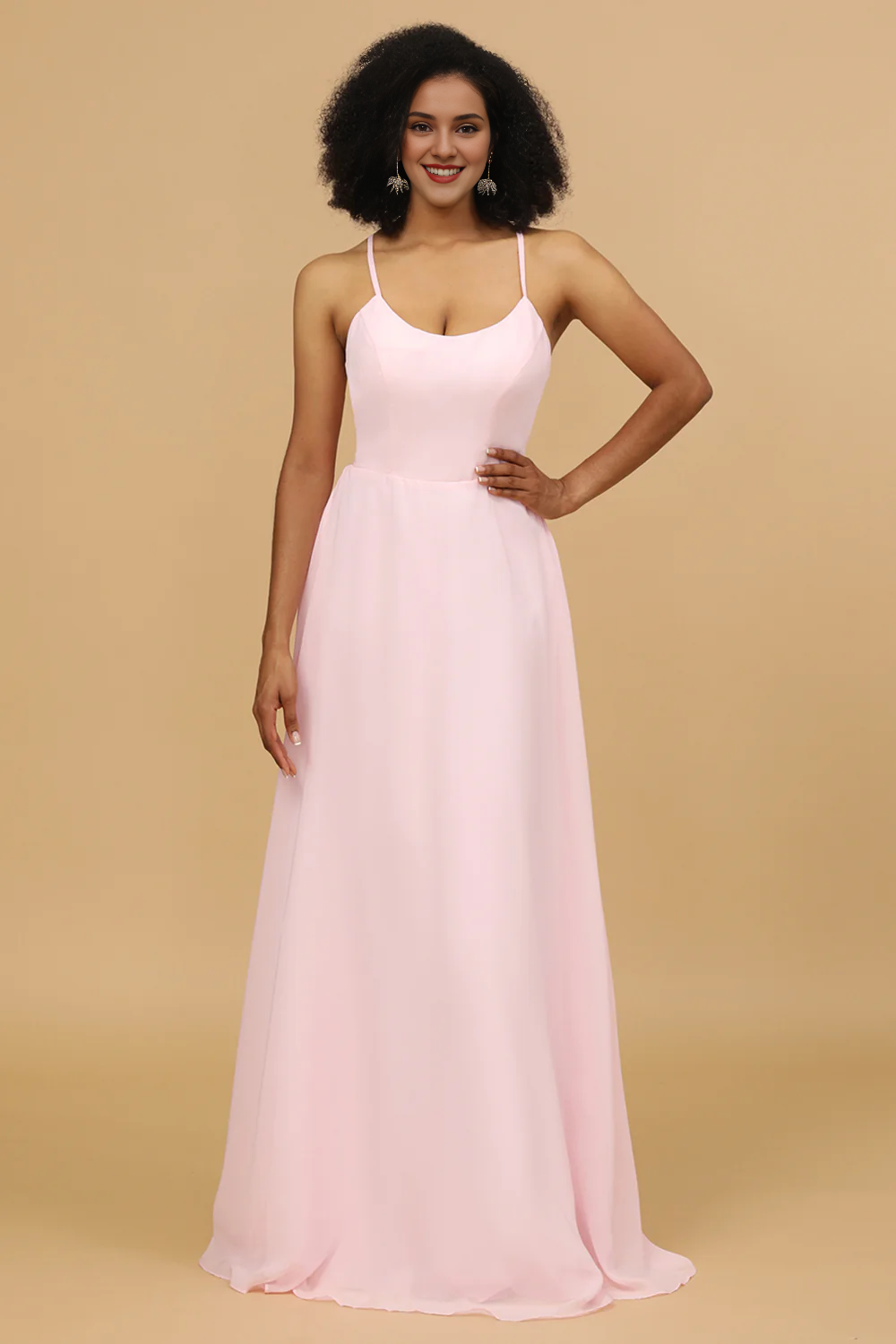 Pink tight fitting/straight thin shoulder strap long chiffon bridesmaid dress