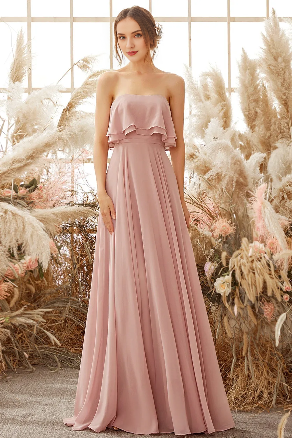 Elegant strapless chiffon backless and floor length bridesmaid dress