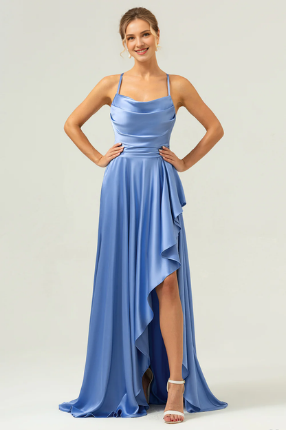 A-line satin asymmetrical ruffled blue bridesmaid dress