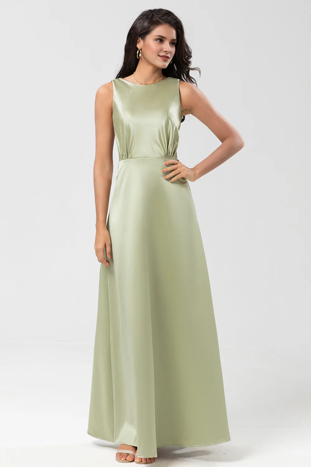 Dusty Sage A-line floor sweeping satin bridesmaid dress