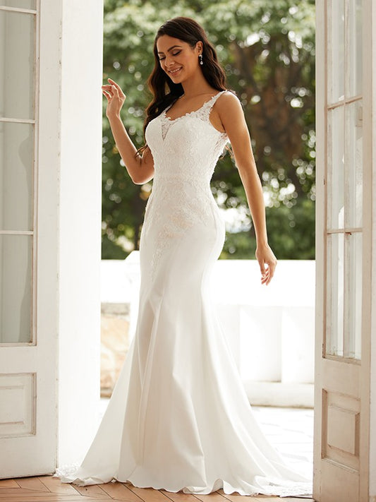 Sheath/Column Stretch Crepe Lace Straps Sleeveless Court Train Wedding Dresses