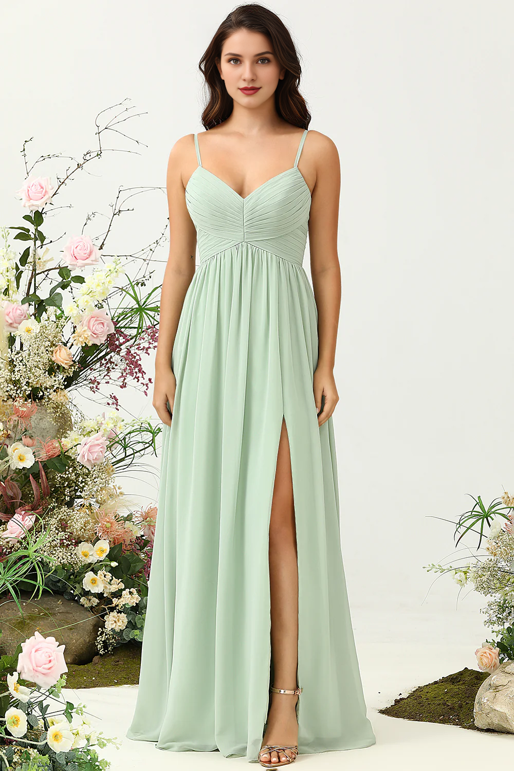 Sage A Line slim shoulder strap pleated long slit chiffon bridesmaid dress