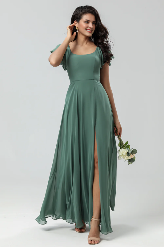 A-line Eucalyptus Long Ruffle Bridesmaid Dress