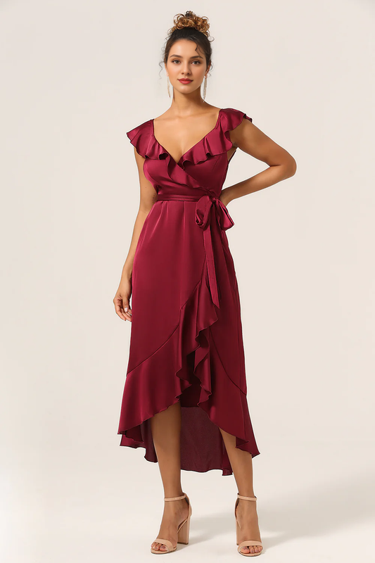 Wine red ruffled asymmetrical V-neck long bridesmaid dress