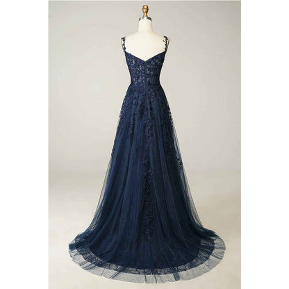 A Line Thin Shoulder Strap Open Back Navy Blue Applique Prom Dress