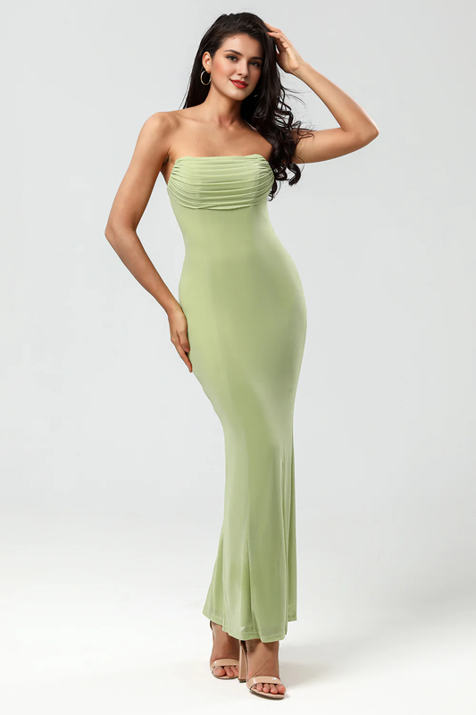 Lemon green mermaid strapless and floor slit bridesmaid dress