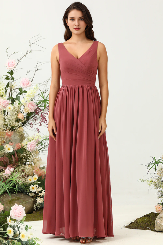 Desert Rose A-line V-neck long chiffon ruffled bridesmaid dress