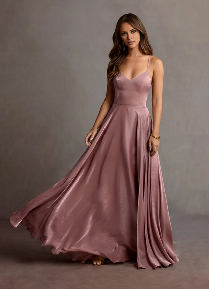 V-neck backless thin shoulder straps and floor length evening gowns