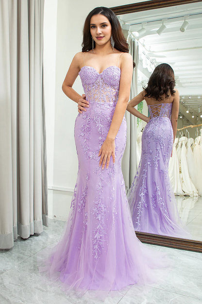 Purple mermaid sweetheart bead tight corset long applique ball dress