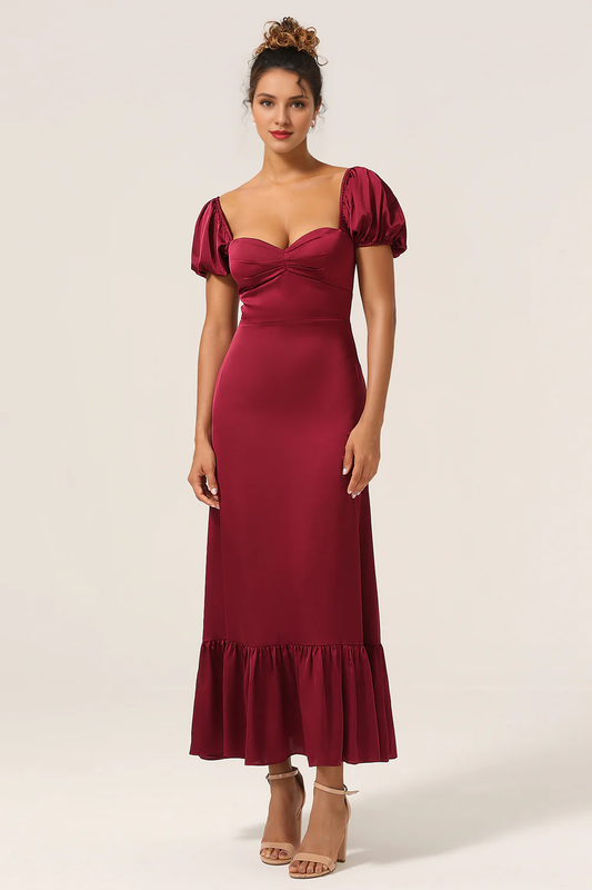 Wine red tight square neck tea long pleated satin bridesmaid dress