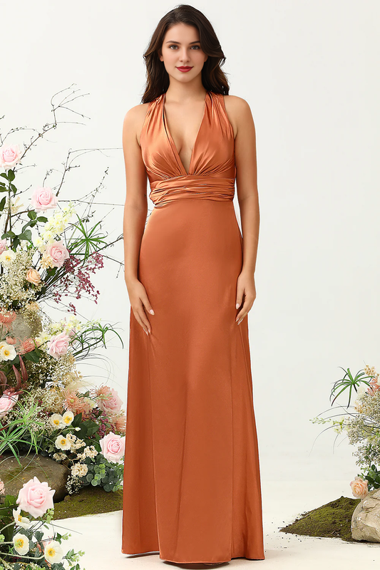 Copper A-line V-neck backless shiny satin bridesmaid dress