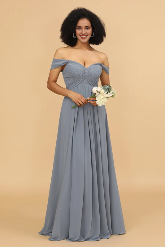 Off shoulder chiffon backless and floor length bridesmaid dress