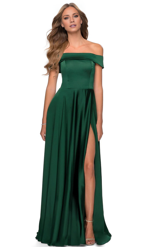 A-line tight corset with off shoulder fit and floor length evening gown