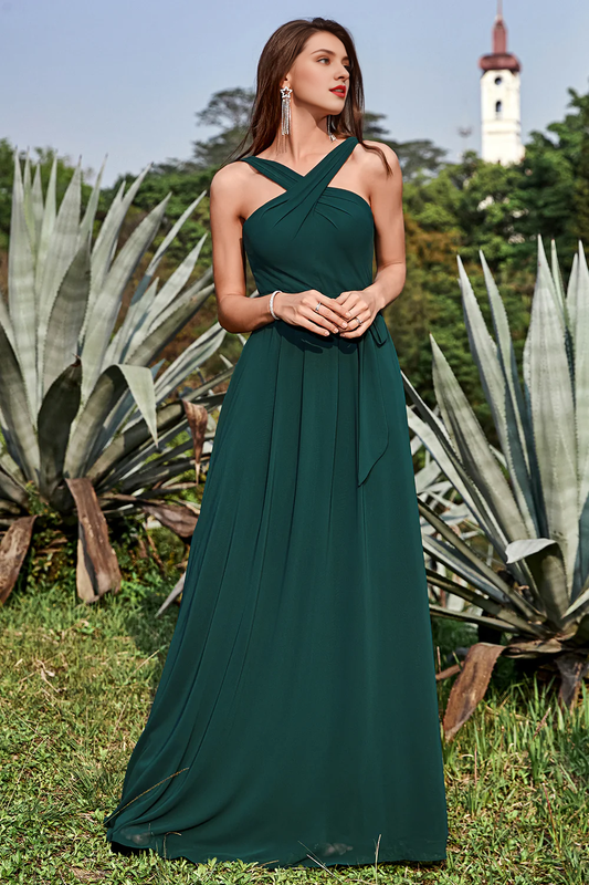 A-line hanging neck and ground pine chiffon bridesmaid dress