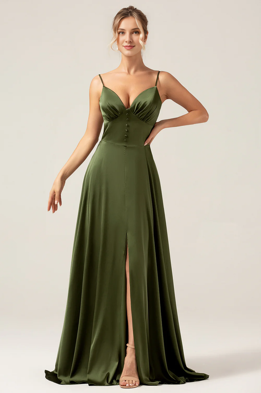 Olive A-line slim shoulder strap slit long bridesmaid dress