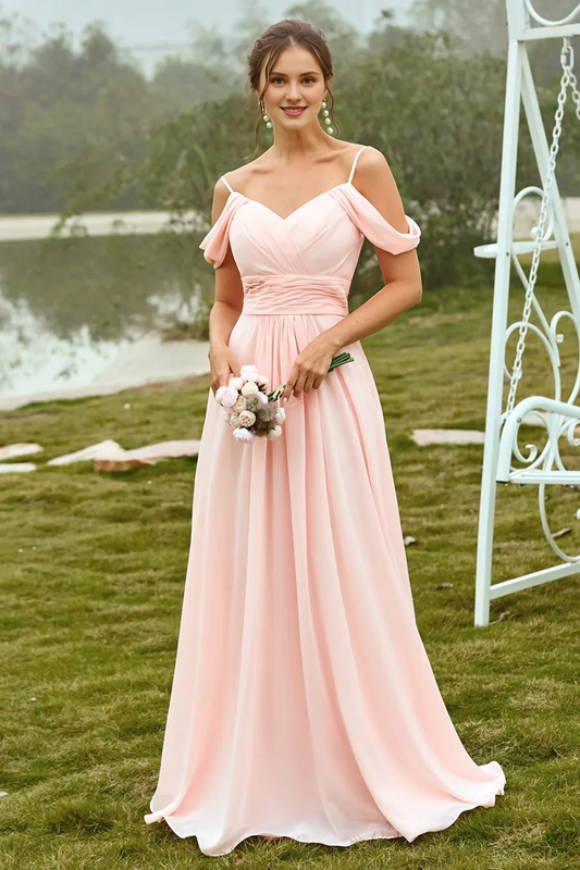 A-shaped off shoulder shoulder strap V-neck powder blusher bridesmaid dress