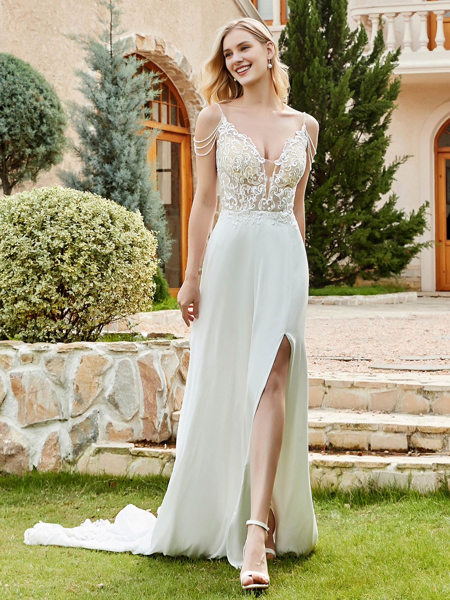 Chiffon lace A-line button wedding dress