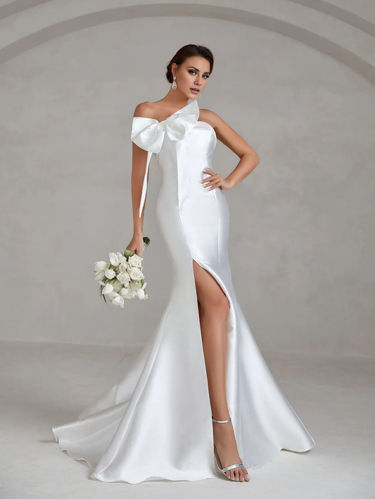 Mermaid bow decoration satin strapless side slit and floor length wedding dress