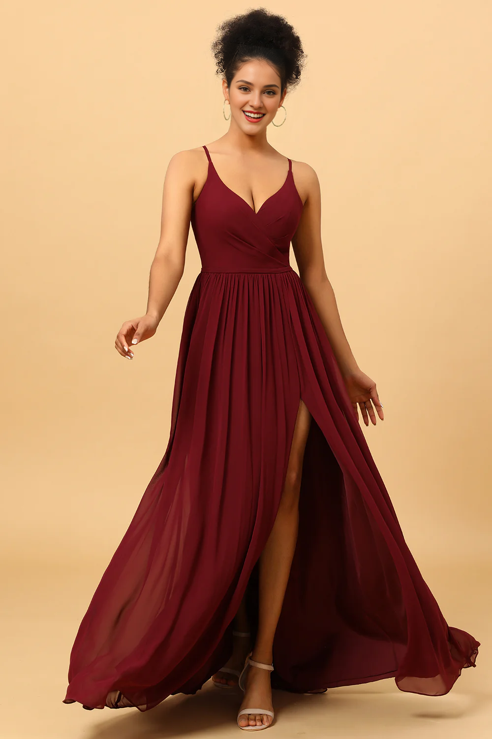 Wine red A-line thin shoulder strap pleated long slit chiffon bridesmaid dress