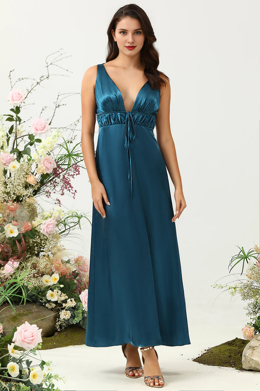 Dark blue tight fitting deep V-neck shiny satin bridesmaid dress