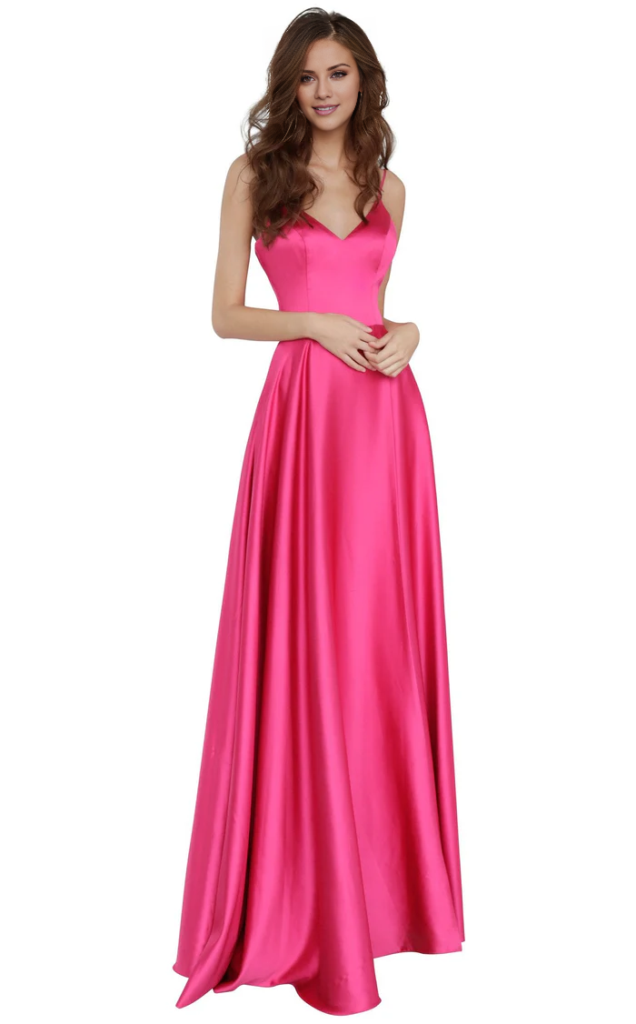 A-line deep V-neck tight corset with thin shoulder straps and floor length evening gown