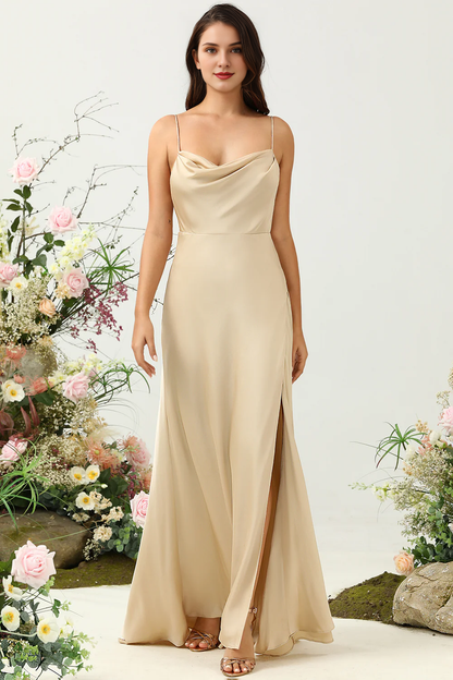 Champagne A-line Wind Neck Thin Shoulder Strap Split Satin Bridesmaid Dress