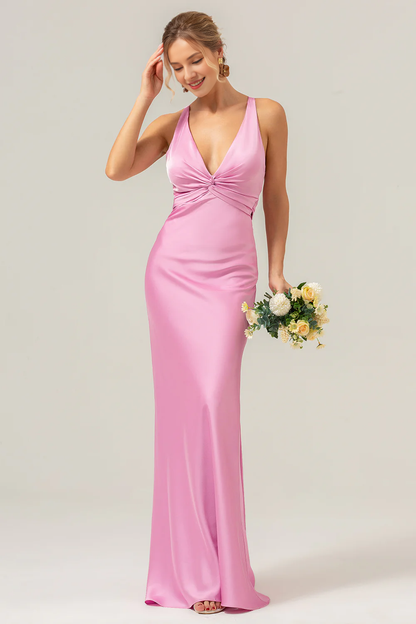 Pink fish tail deep V-neck pleated long bridesmaid dress