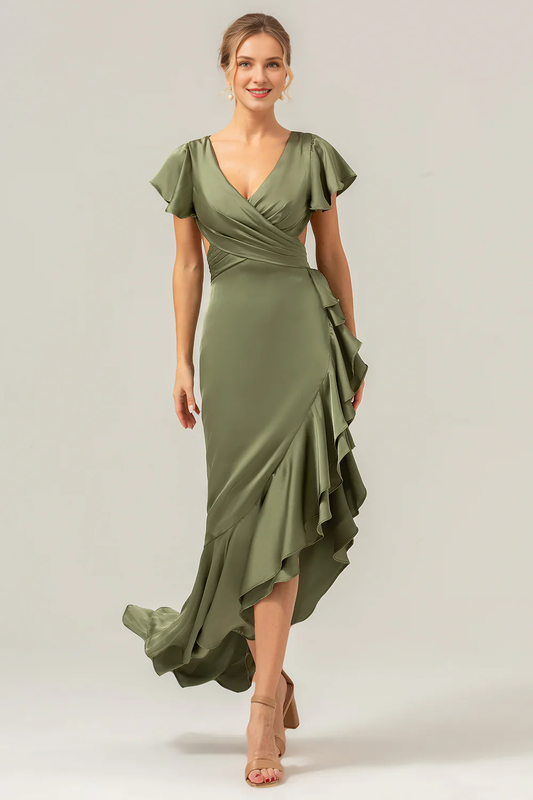 A-line V-neck asymmetrical olive ruffled slit bridesmaid dress